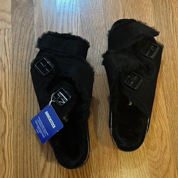 NWT Birkenstock Arizona Shearling Suede Leather Mountain View Black 11 - Picture 15 of 16
